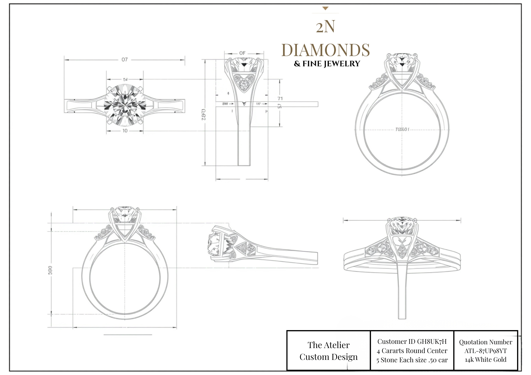 Detailed CAD blueprint of an engagement ring with measurements