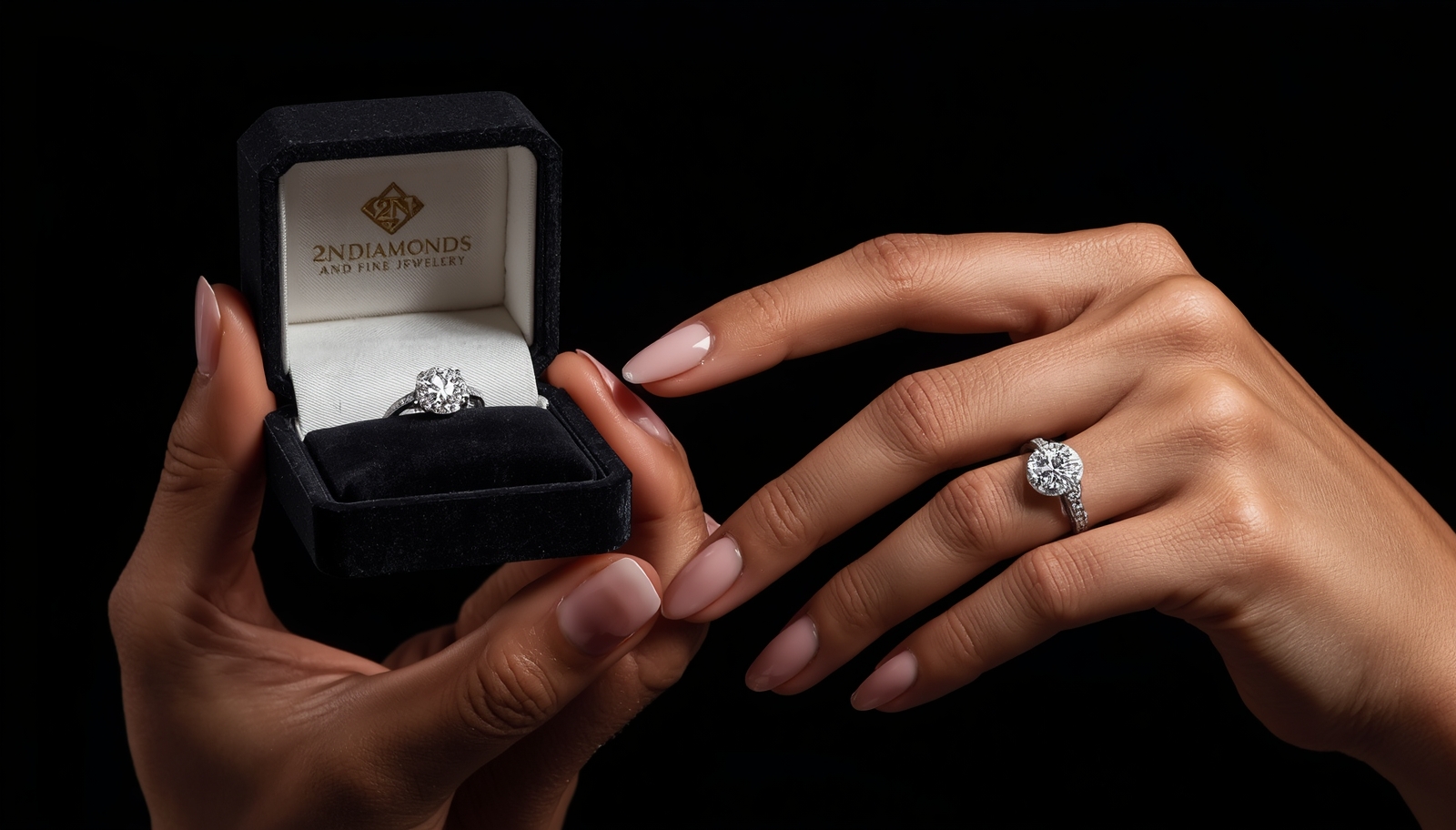 Finished diamond engagement ring presented in 2N Diamonds velvet box