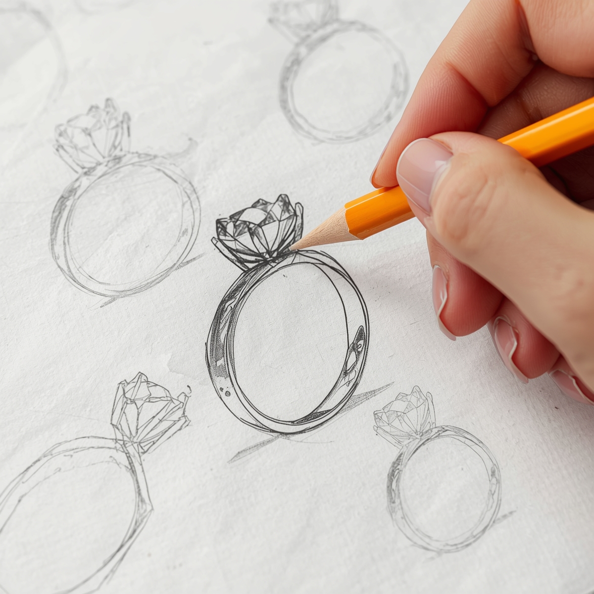 Hand-drawn pencil sketch of an engagement ring on paper