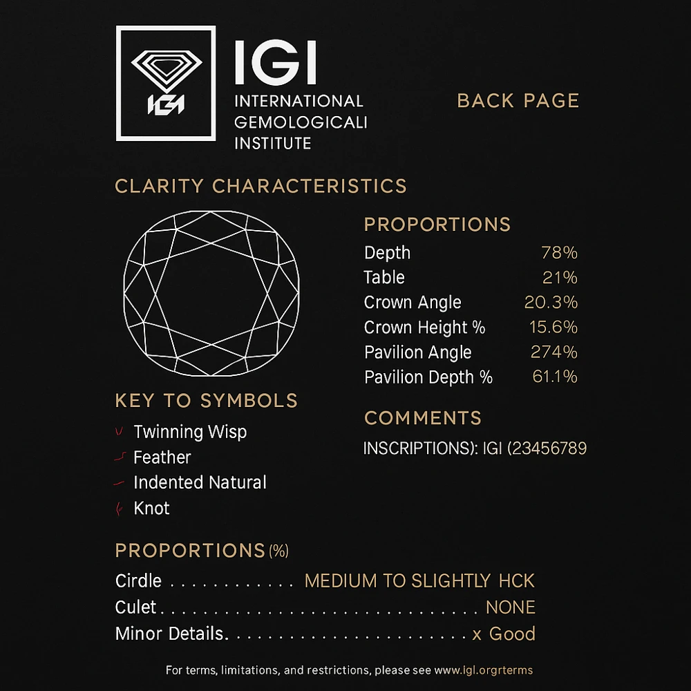 Back of a sample IGI report with clarity diagram