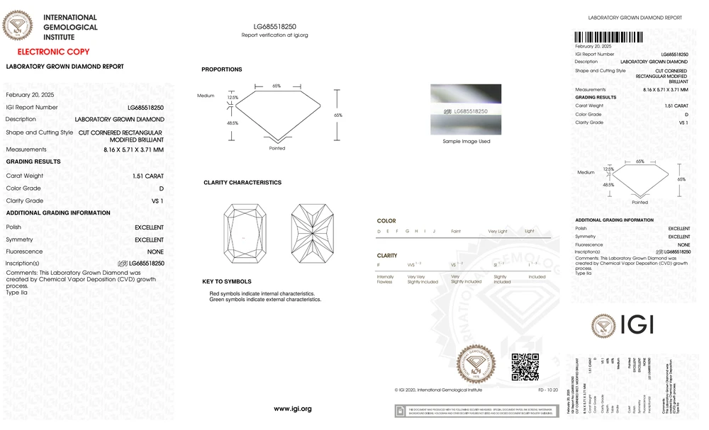 Front of a sample IGI diamond grading report