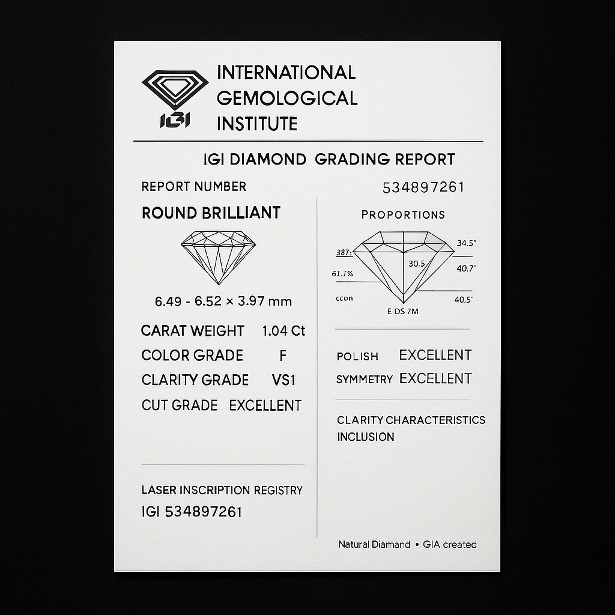 IGI Certificate Front