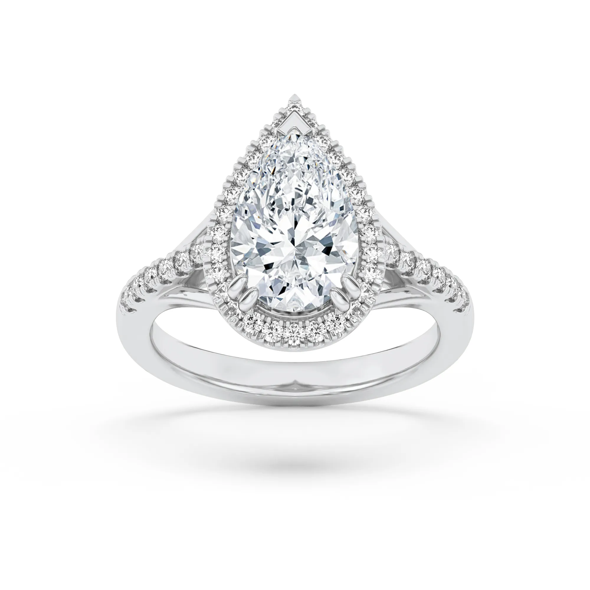 Secreto Cierto, 3 ct tw pear lab grown diamond ring in 14K white gold (front view)