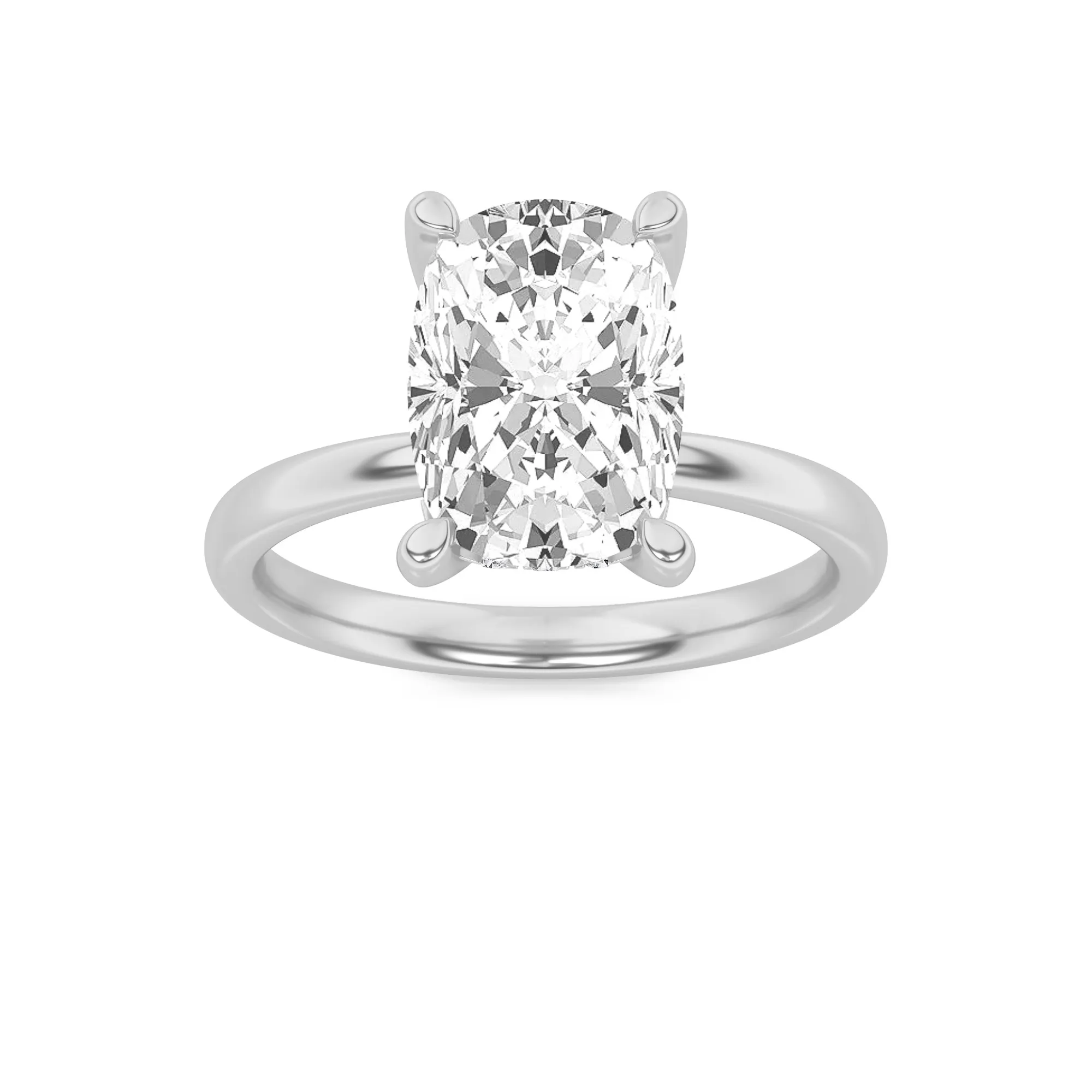Fuego Sagrado, 2.5 ct tw cushion lab grown diamond ring in 14K white gold (front view)
