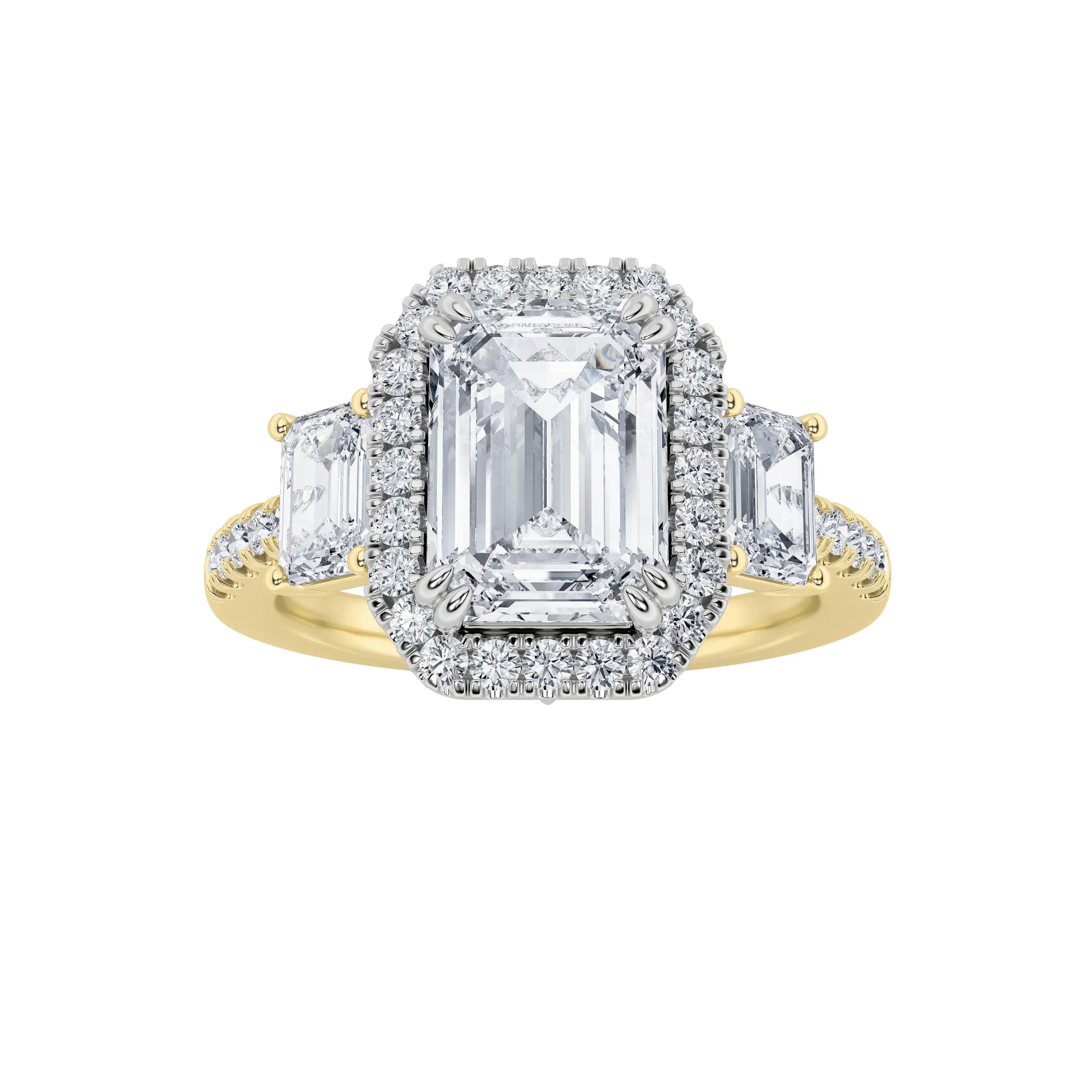 Sueño de Umbral, 3 ct tw emerald lab grown diamond ring in 14K gold (front view)