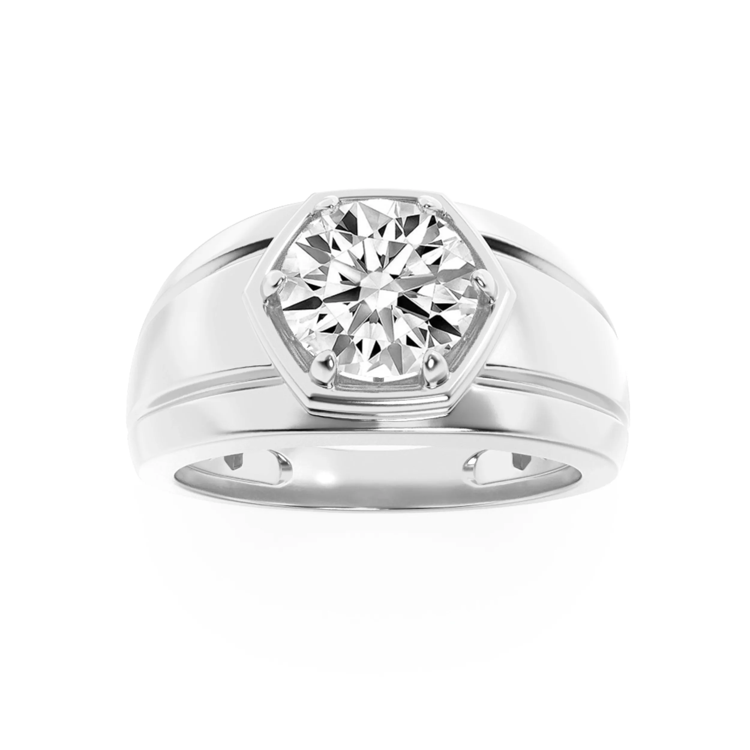 Contorno Templado, 2 ct round lab grown diamond men’s ring in 14K white gold (front view)