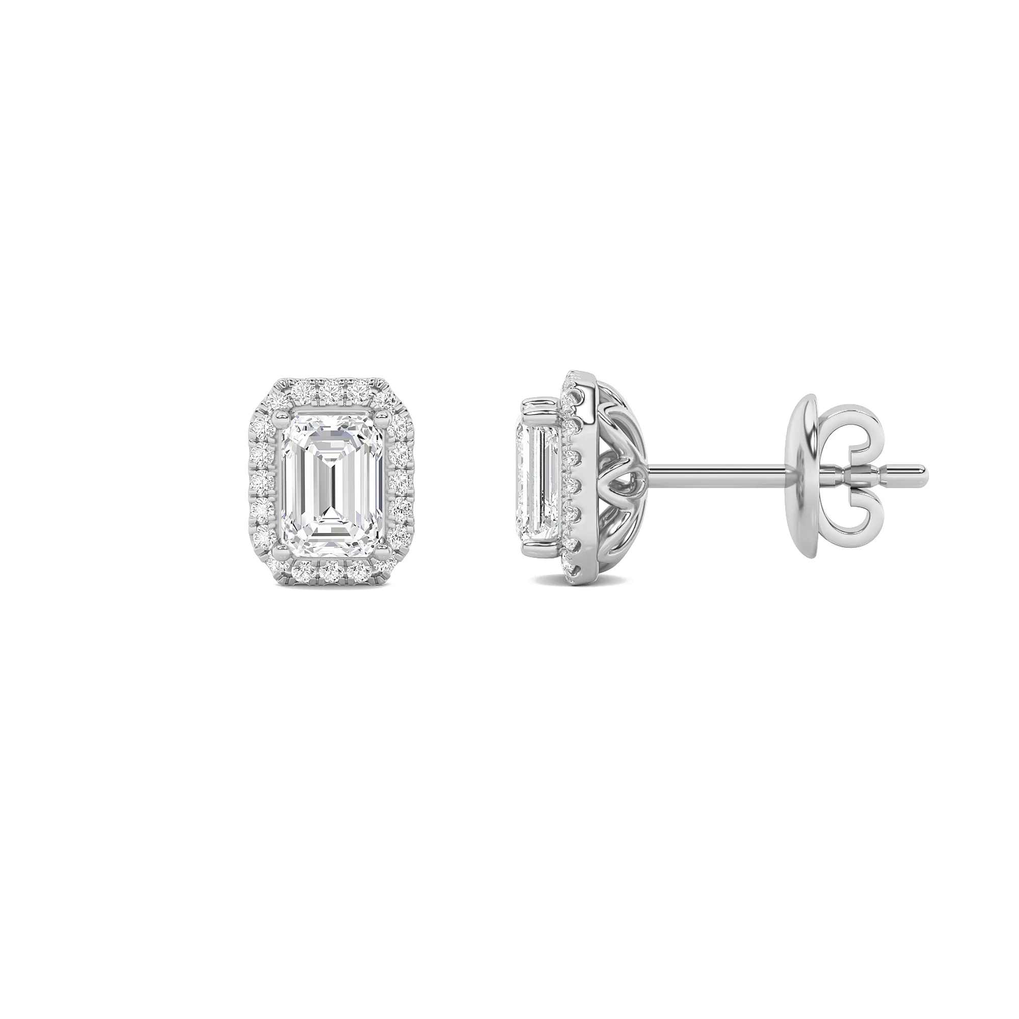 Aurora de Ceniza, 3 ct tw emerald lab grown diamond earrings in 14K gold (front view)