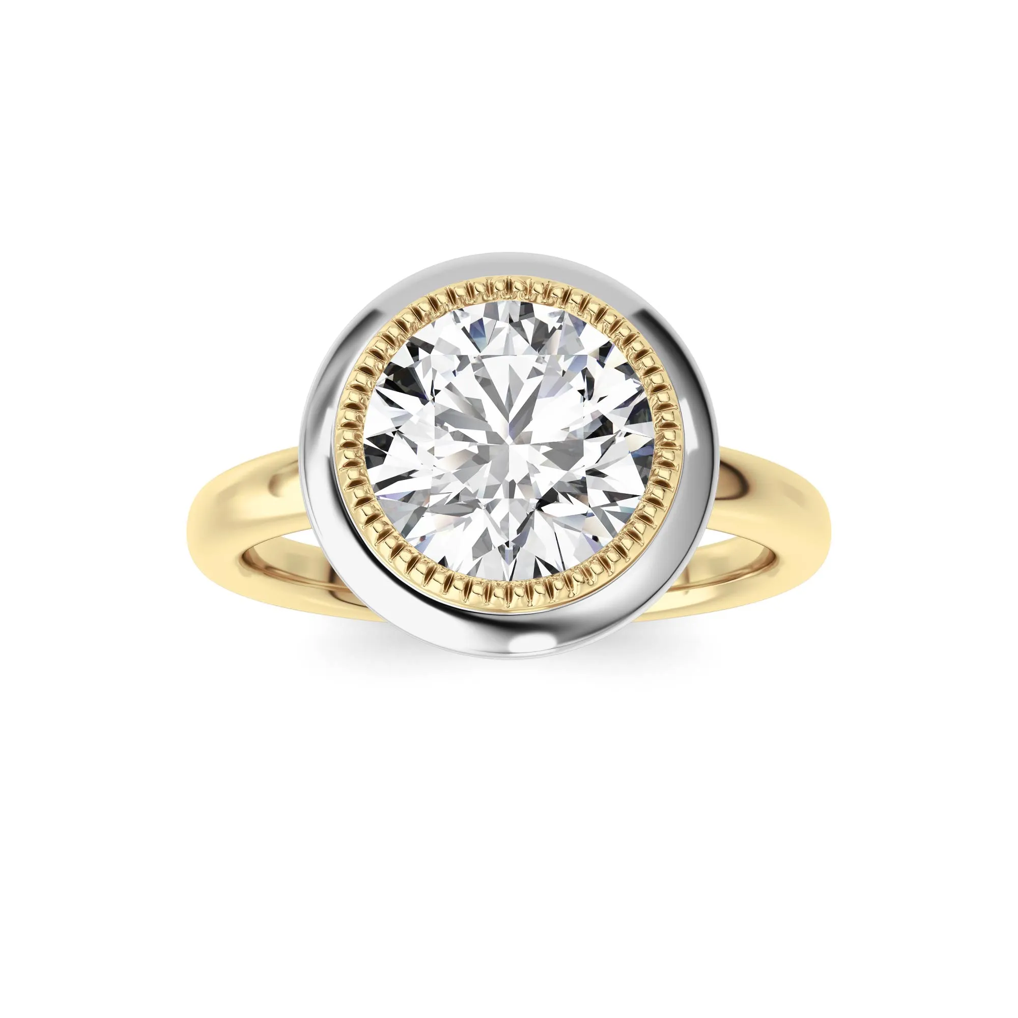 Abrazo de Fuego, 2 ct round lab grown diamond ring in 14K gold (front view)