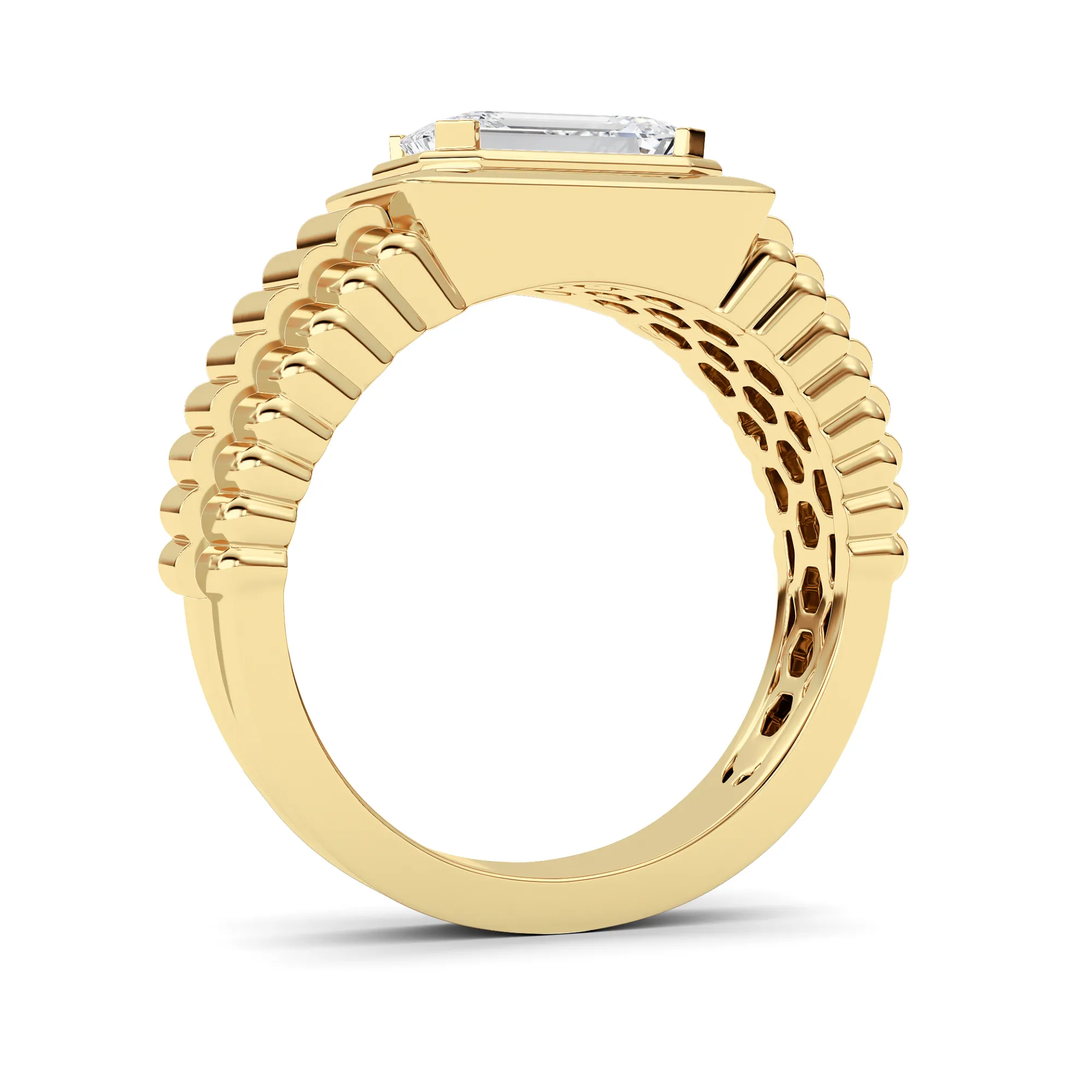 Vértice Pleno lab grown diamond men’s ring, detail of the emerald diamond