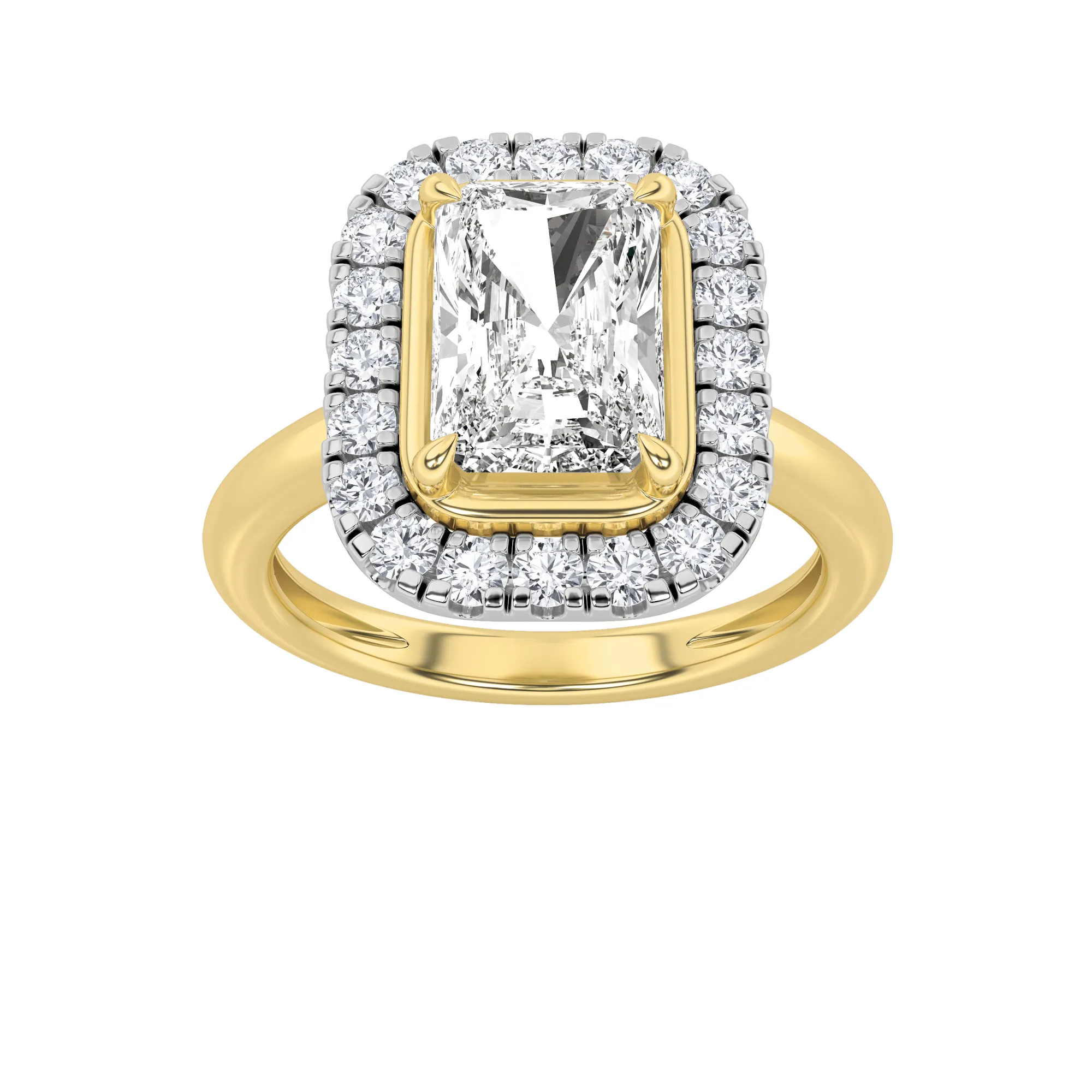 Fuego de Silencio, 2.5 ct tw radiant lab grown diamond ring in 14K gold (front view)