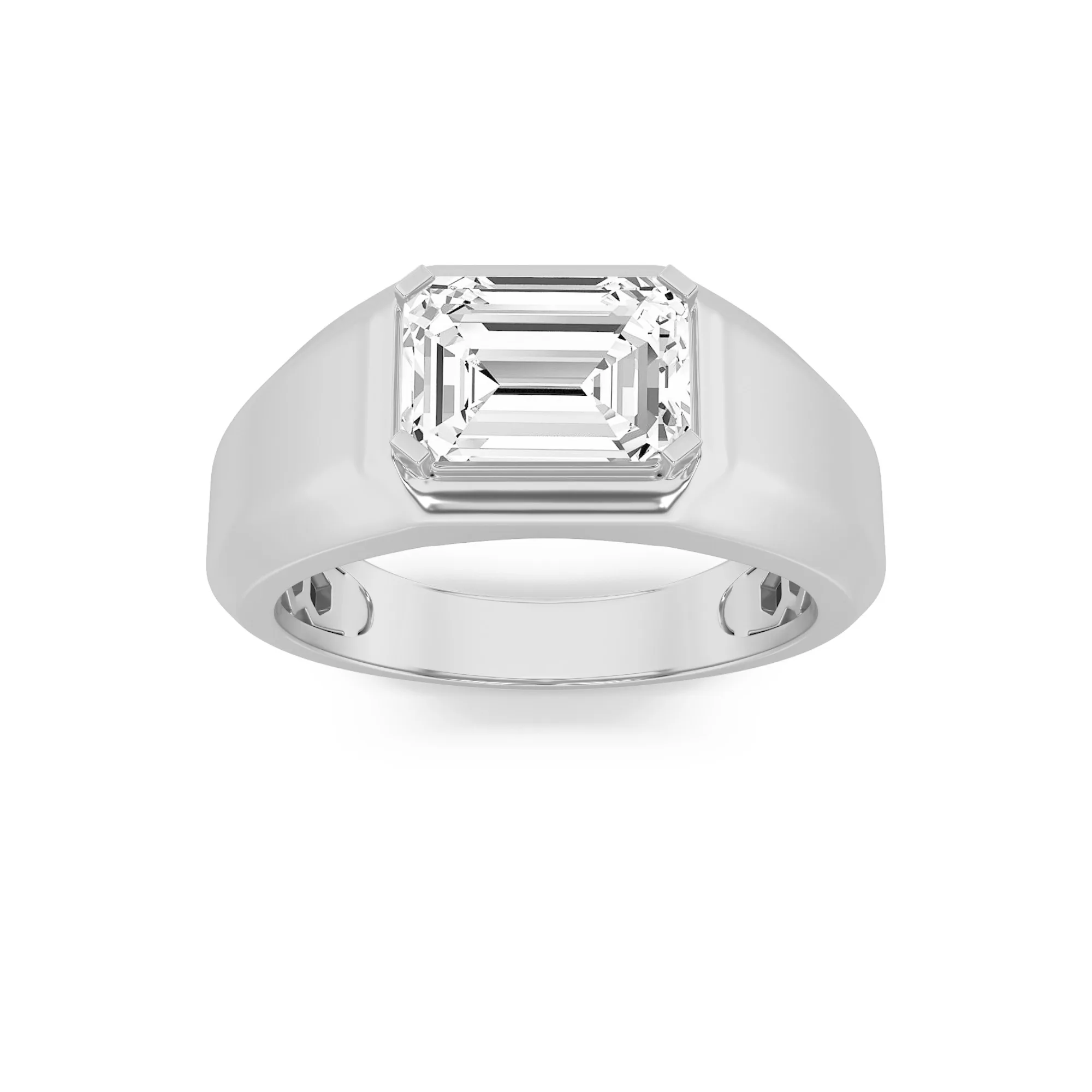 Refugio Eterno, 3 ct emerald lab grown diamond men’s ring in 14K white gold (front view)