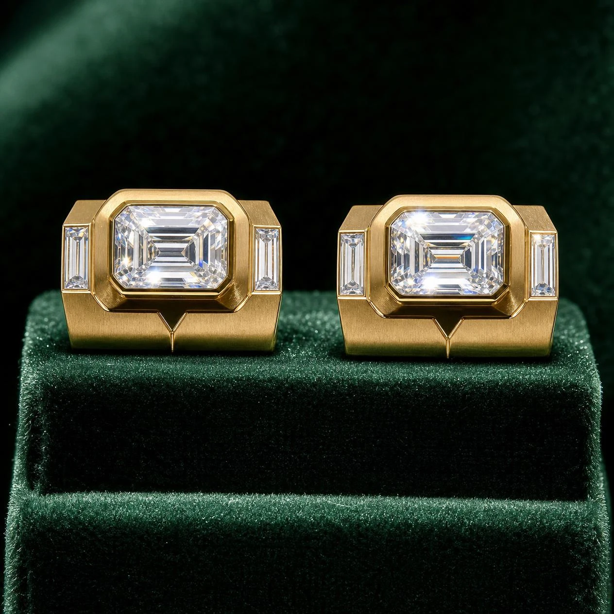 Signore Nero, 3.32 ct tw emerald lab grown diamond men’s earrings in 18K yellow gold (front view)