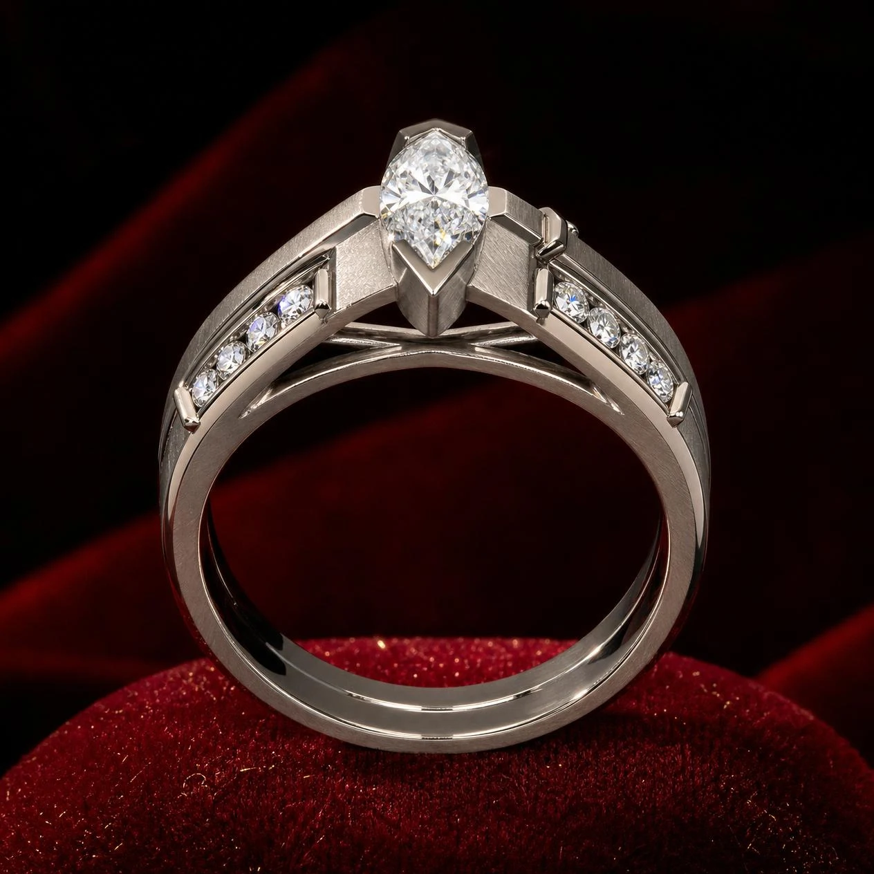 Scudo di Ferro, 1.5 ct tw marquise lab grown diamond men’s ring in 18K white gold (front view)