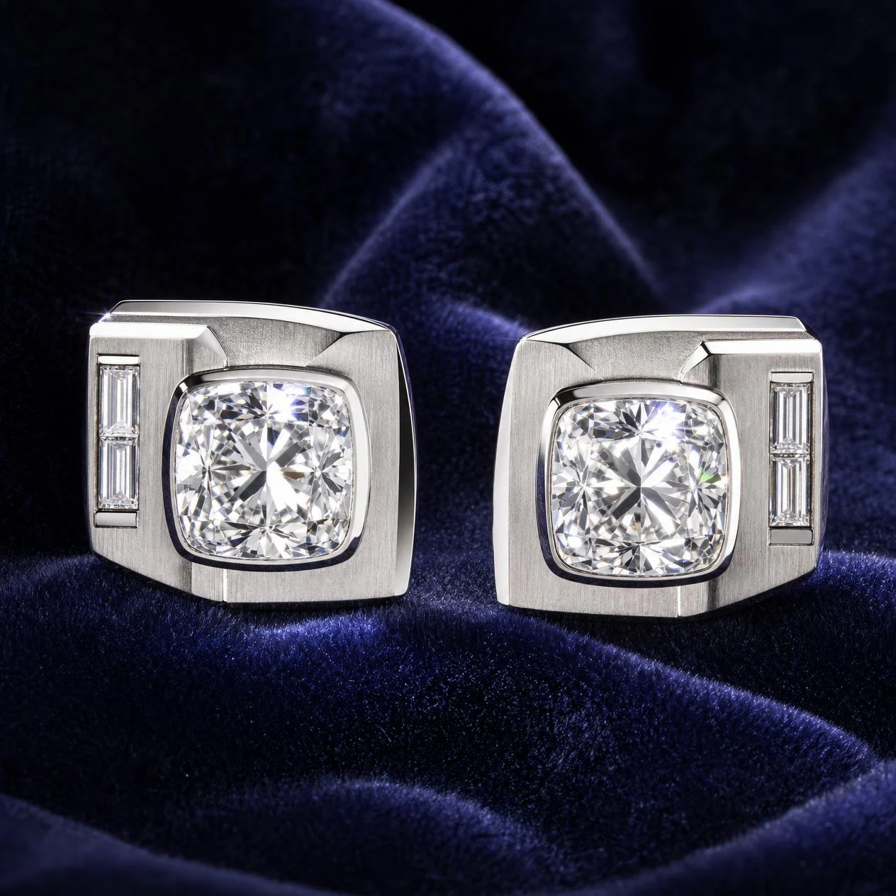 Stendardo di Platino, 2.6 ct tw cushion lab grown diamond men’s earrings in 18K white gold (front view)