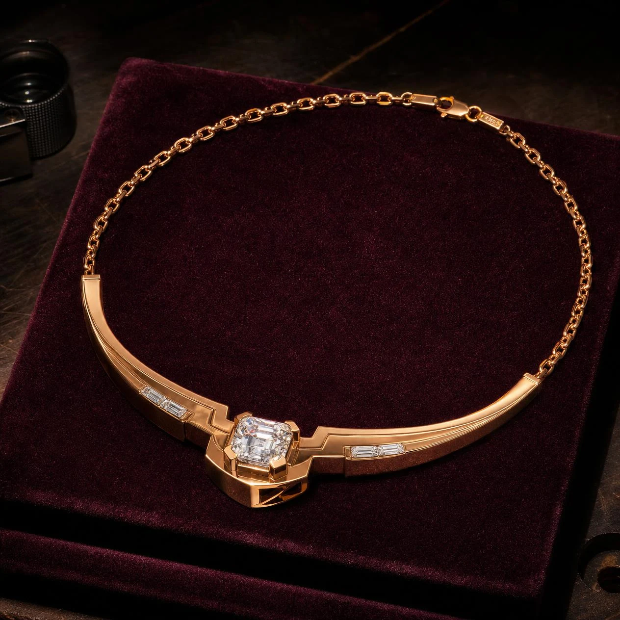 Ammiraglio Profondo, 2.28 ct tw asscher lab grown diamond men’s necklace in rose gold (front view)