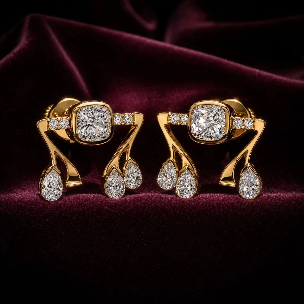 Guardiano Nero, 3.8 ct tw cushion lab grown diamond men’s earrings in 18K yellow gold (front view)