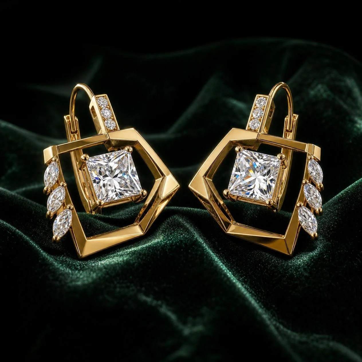 Fiamma Secrète, 3.46 ct tw princess lab grown diamond earrings in 18K yellow gold (front view)