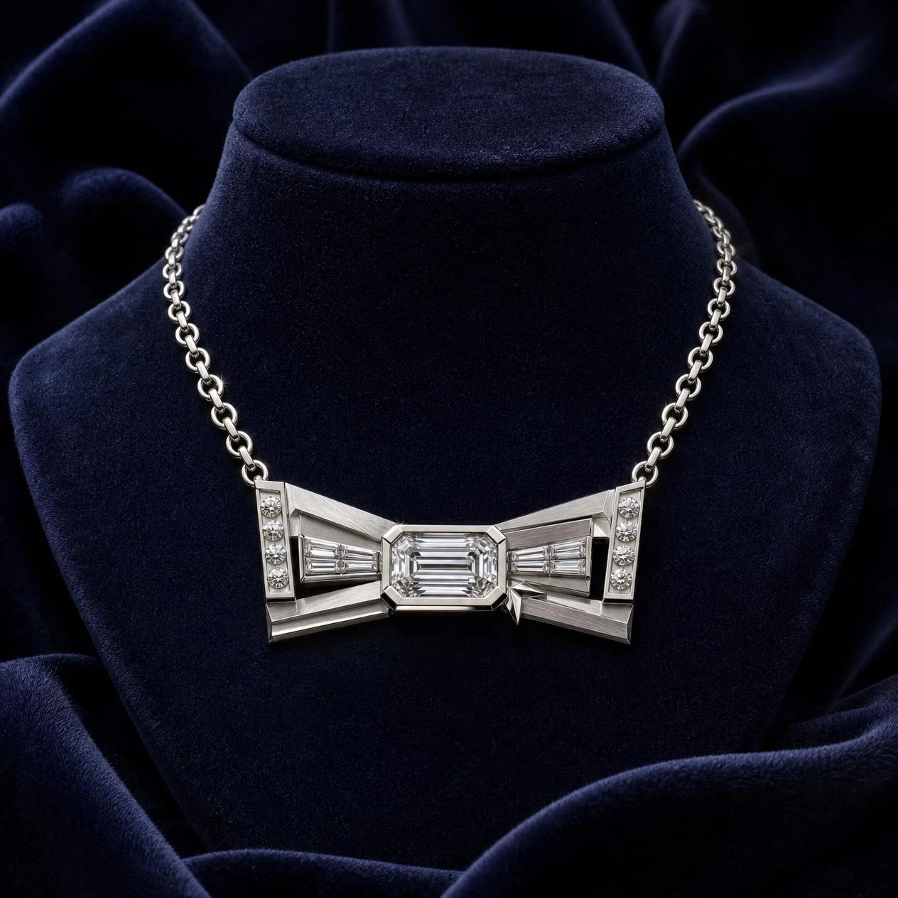 Corsaro Oscuro, 2.52 ct tw emerald lab grown diamond men’s necklace in 18K white gold (front view)
