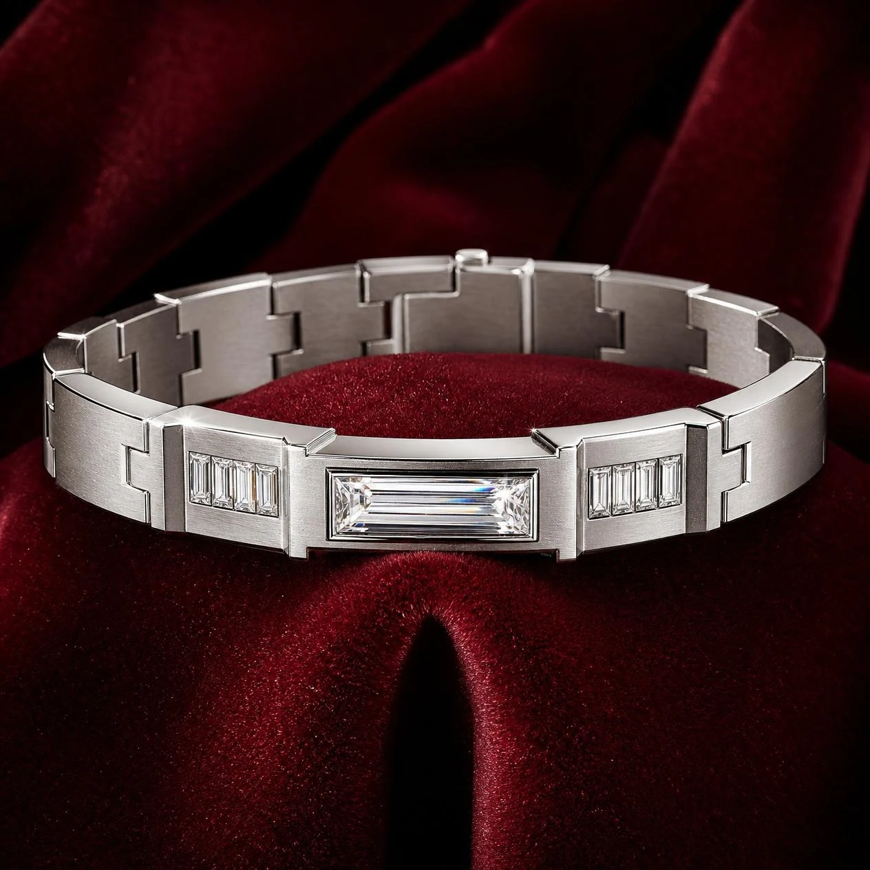Viandante Eterno, 2.82 ct tw baguette lab grown diamond men’s bracelet in 18K white gold (front view)