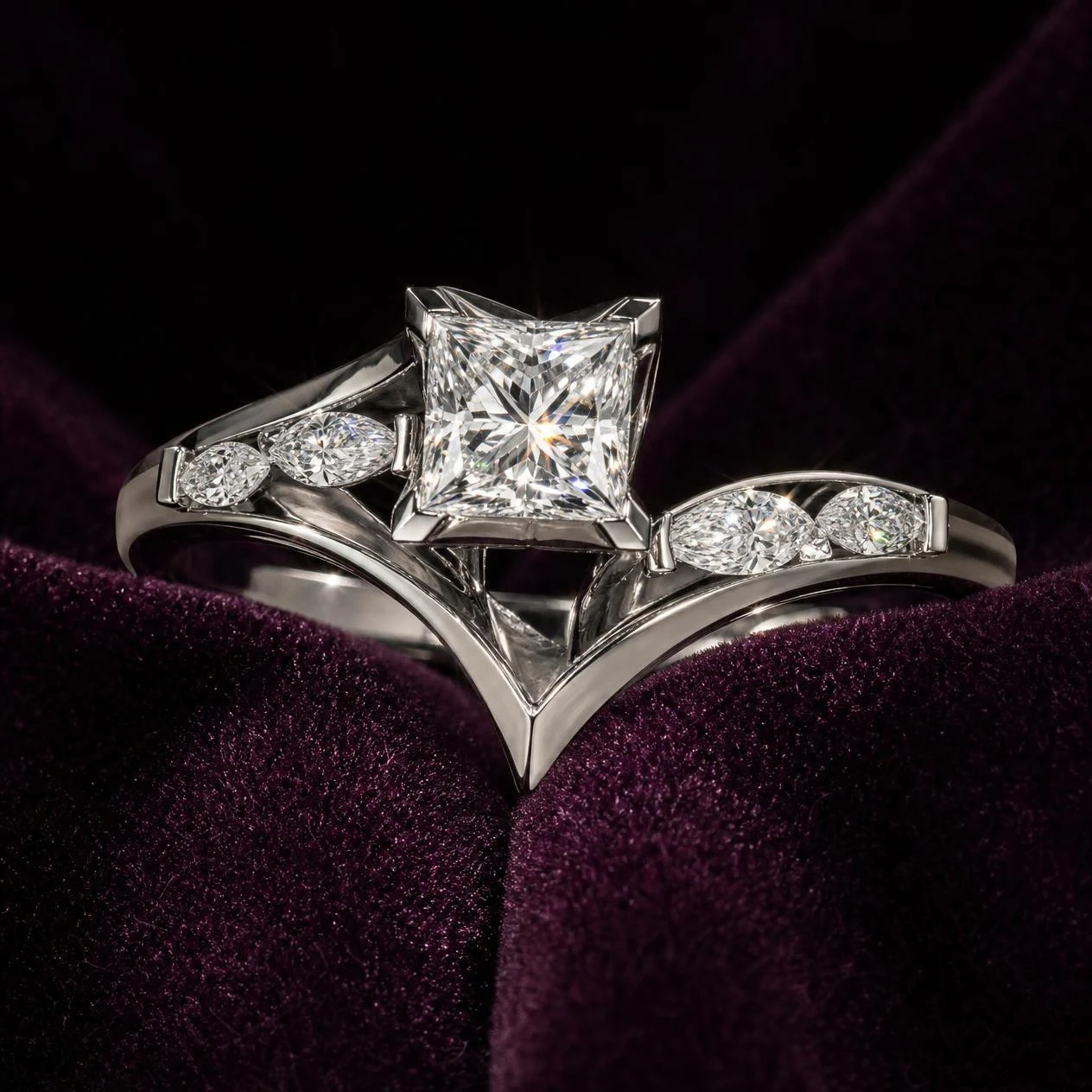 Aurora Sereine, 2.82 ct tw princess lab grown diamond ring in 18K white gold (front view)