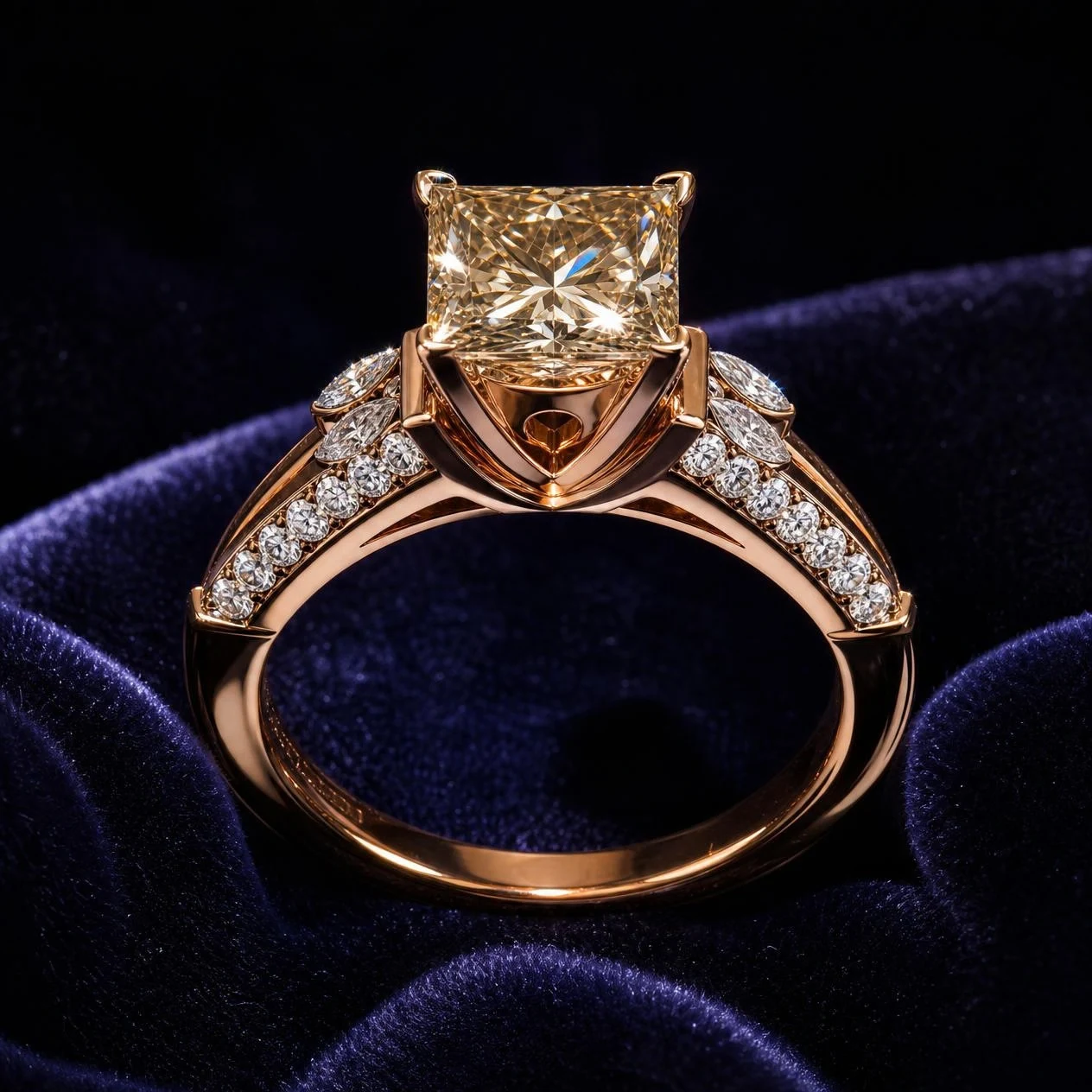 Lumière Profonda, 2.58 ct tw princess lab grown diamond ring in rose gold (front view)