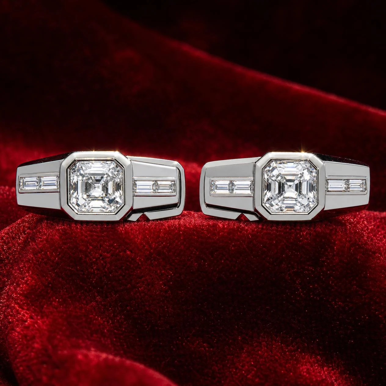 Meridiano di Bronzo, 3.4 ct tw asscher lab grown diamond men’s earrings in 18K white gold (front view)
