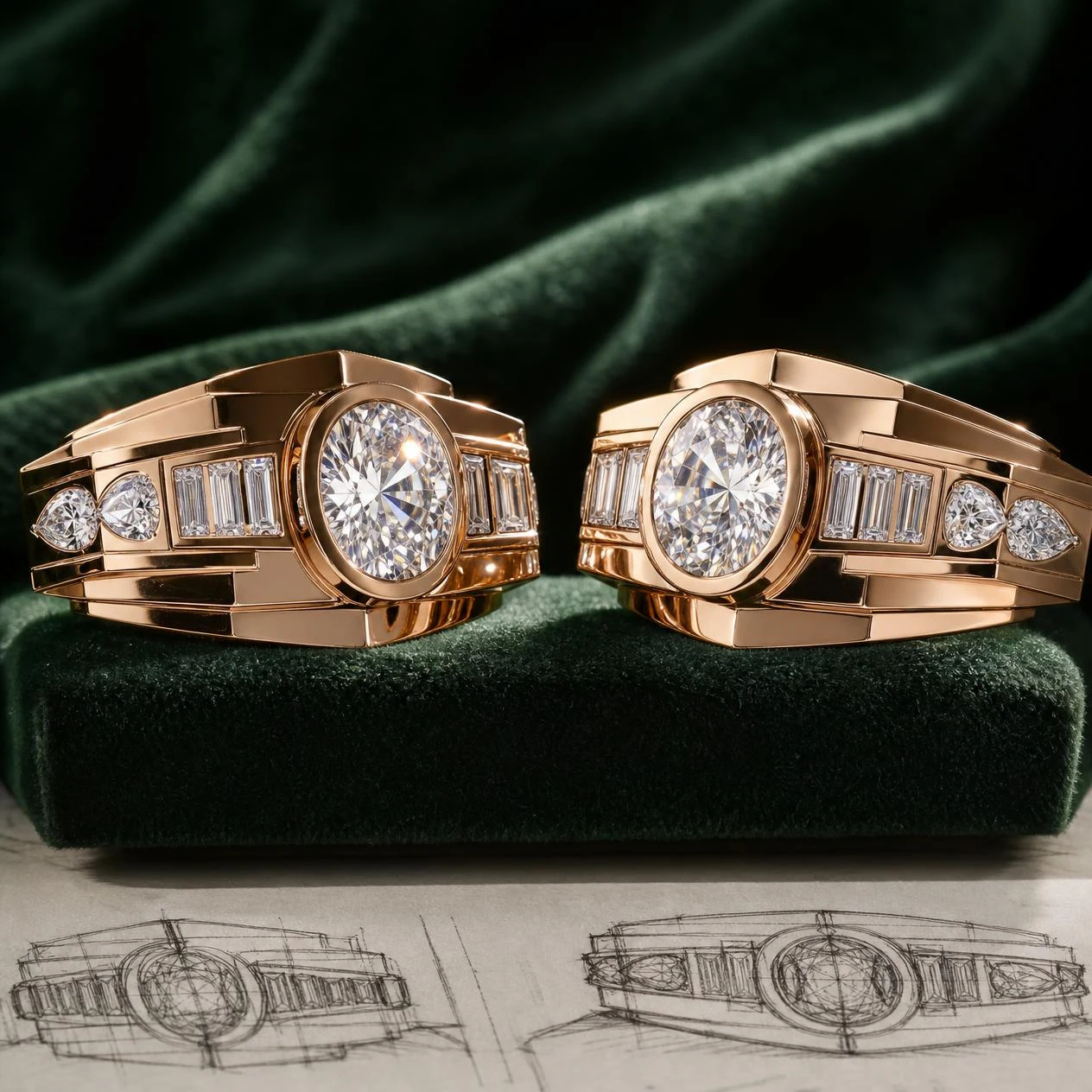 Tempesta Oscuro, 3.14 ct tw oval lab grown diamond men’s earrings in rose gold (front view)