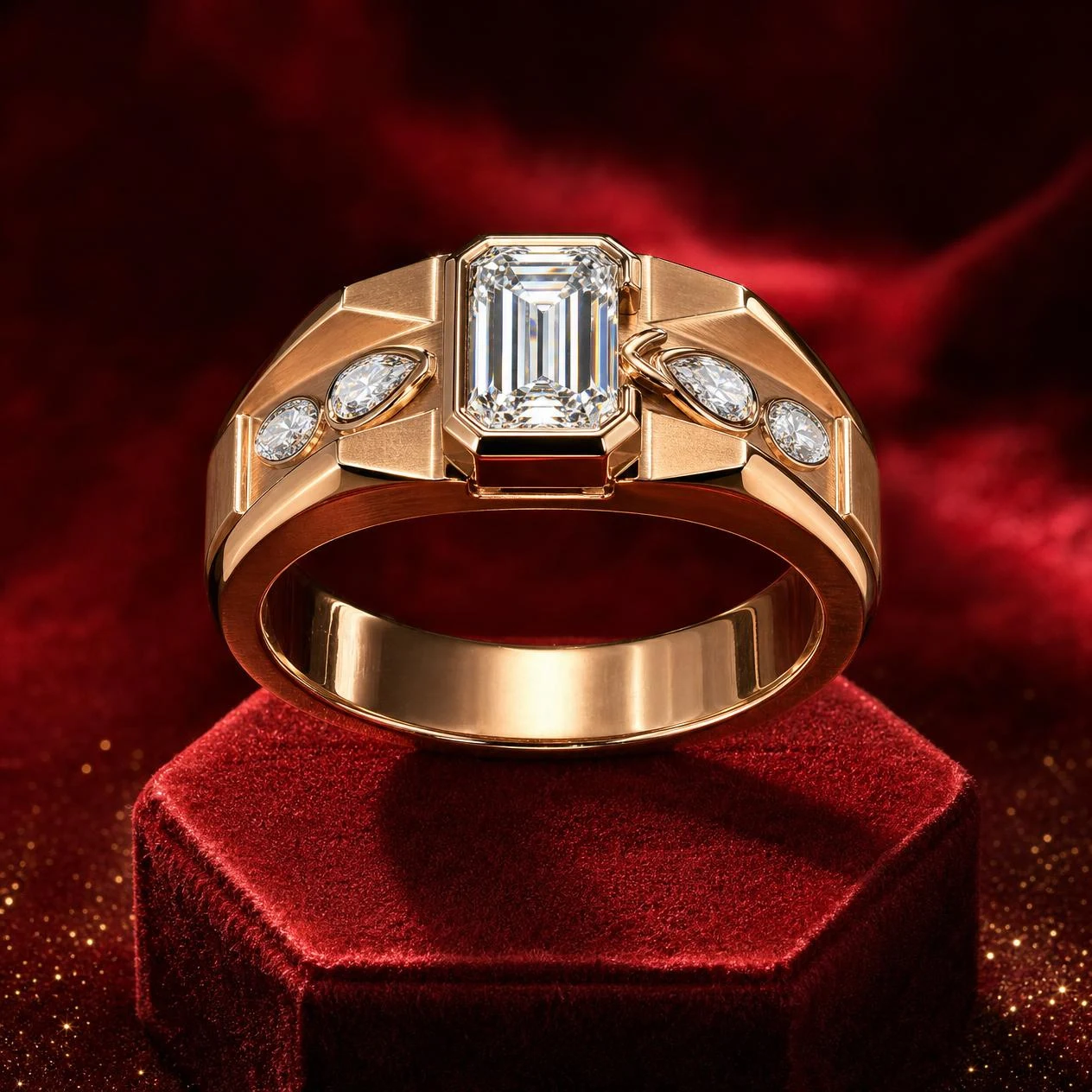 Molo Tenace, 1.56 ct tw emerald lab grown diamond men’s ring in rose gold (front view)