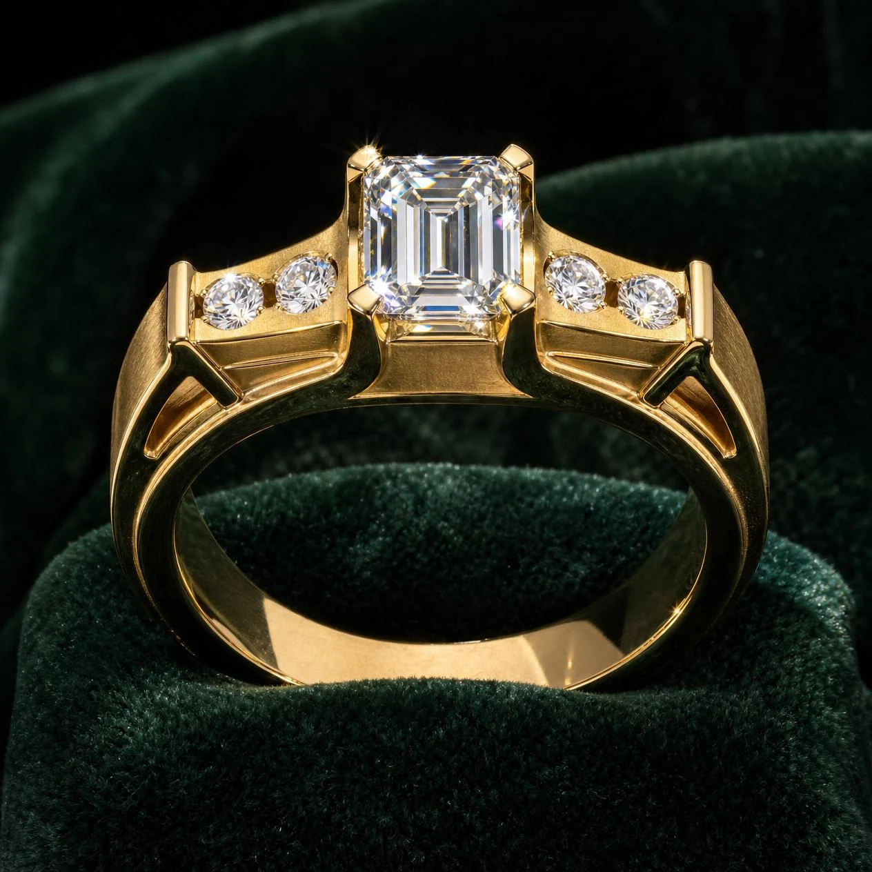 Pellegrino di Platino, 1.79 ct tw emerald lab grown diamond men’s ring in 18K yellow gold (front view)