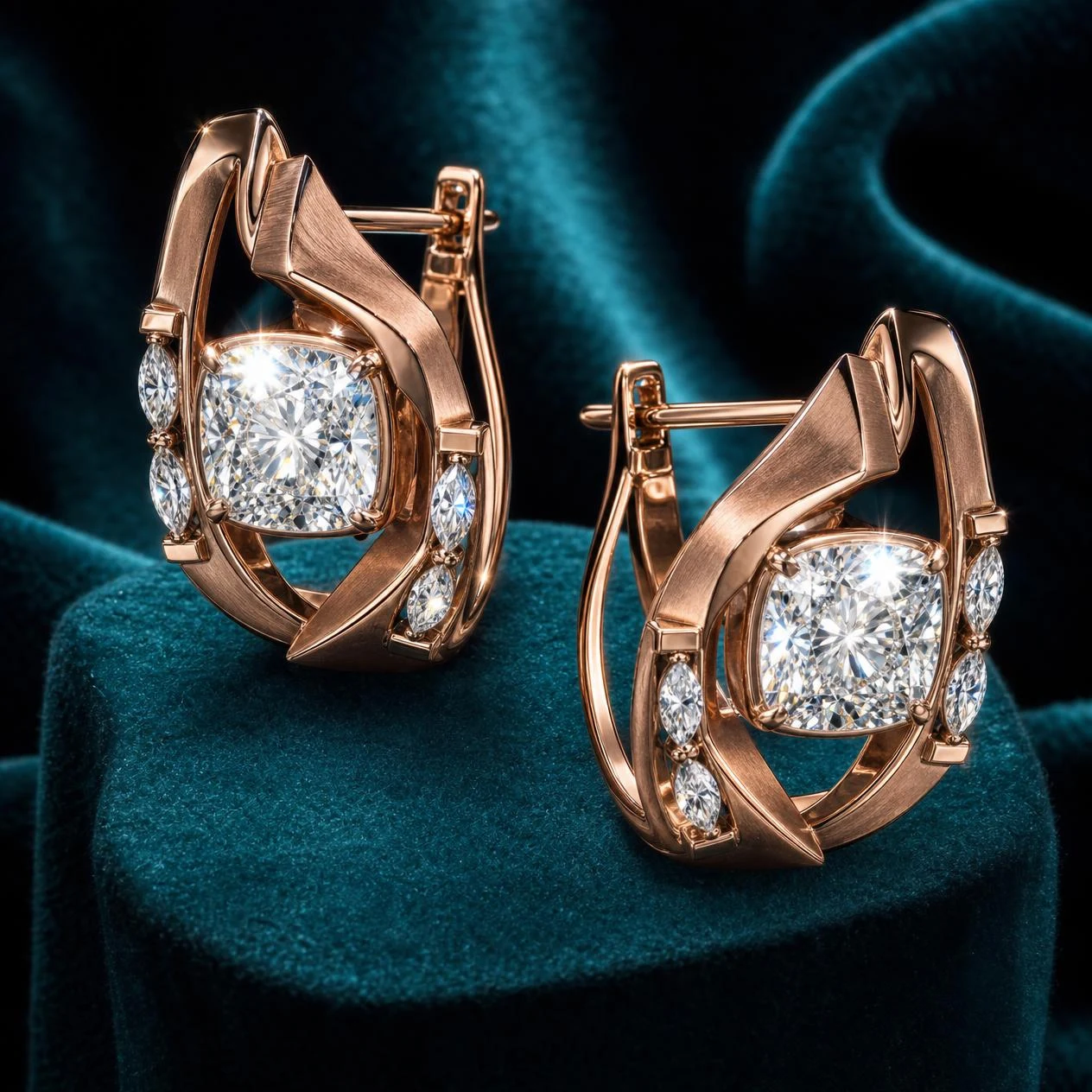 Nuvola Sognante, 4.2 ct tw cushion lab grown diamond earrings in rose gold (front view)