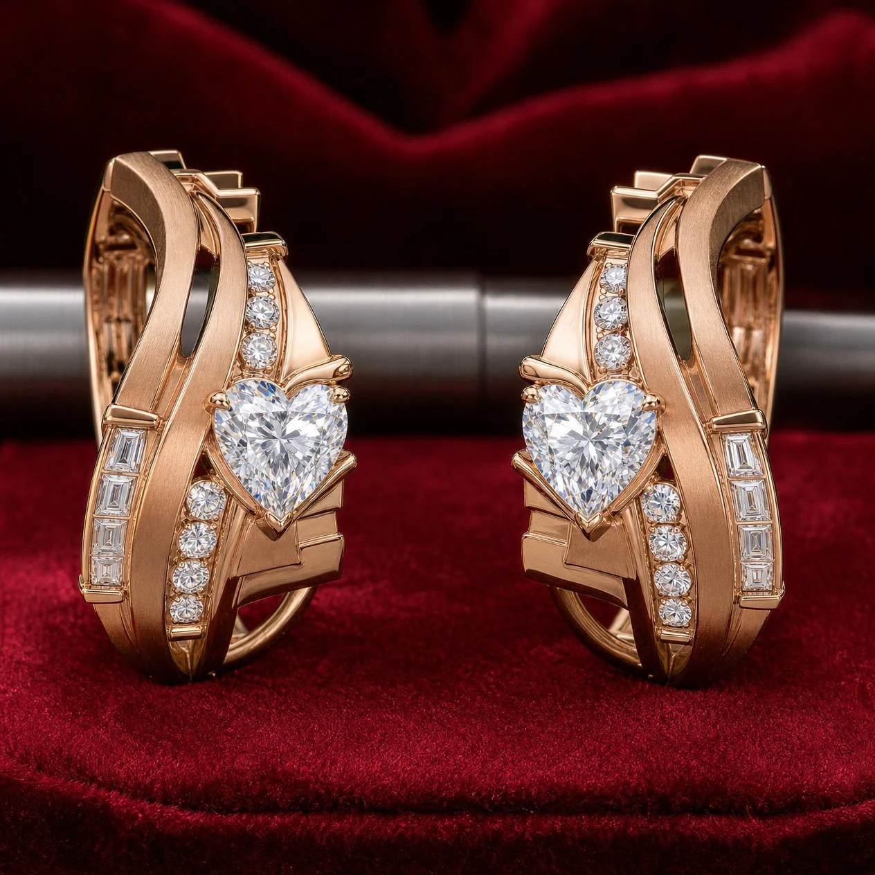 Fiore Suspendue, 5.56 ct tw heart lab grown diamond earrings in rose gold (front view)