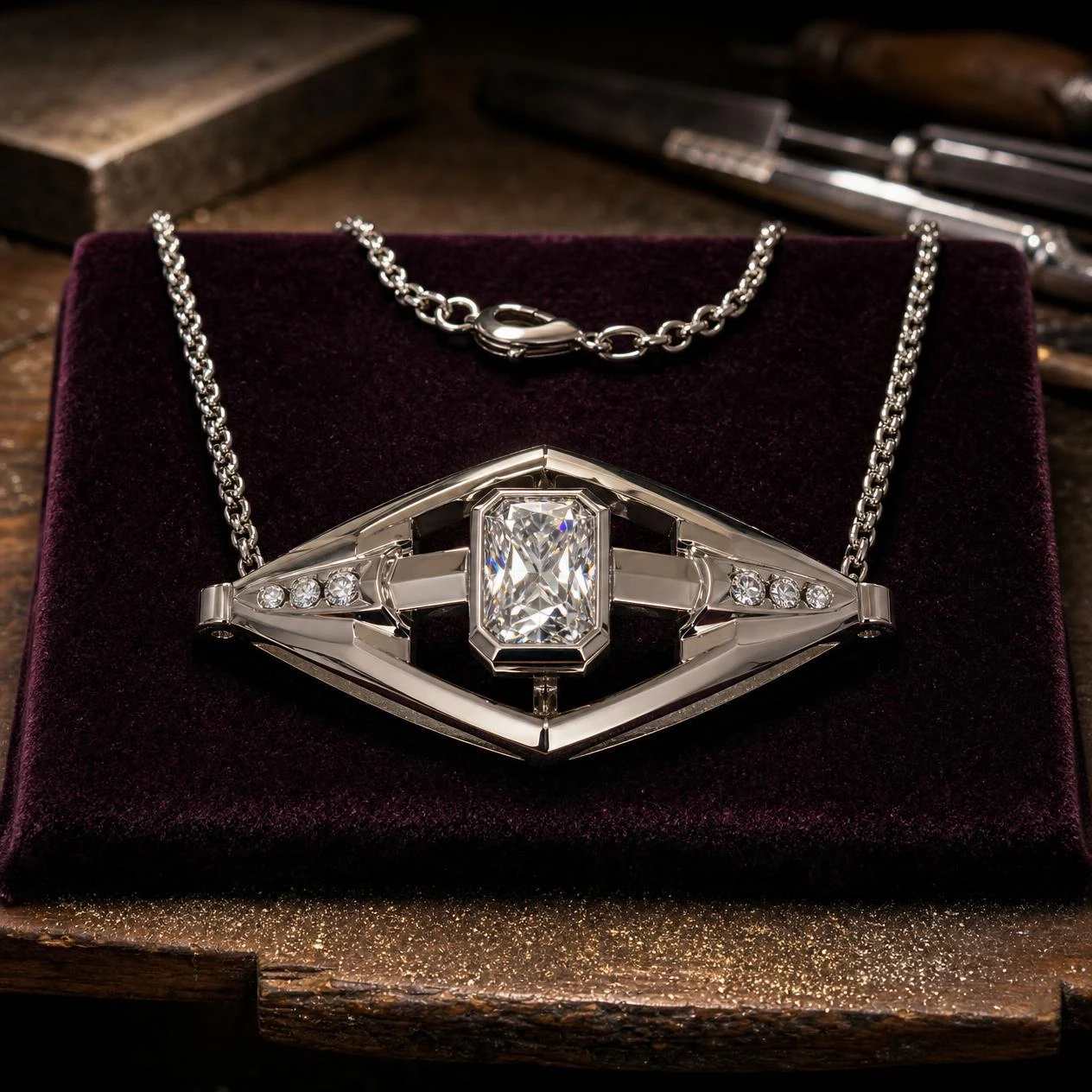 Sentinella di Platino, 1.8 ct tw radiant lab grown diamond men’s necklace in 18K white gold (front view)
