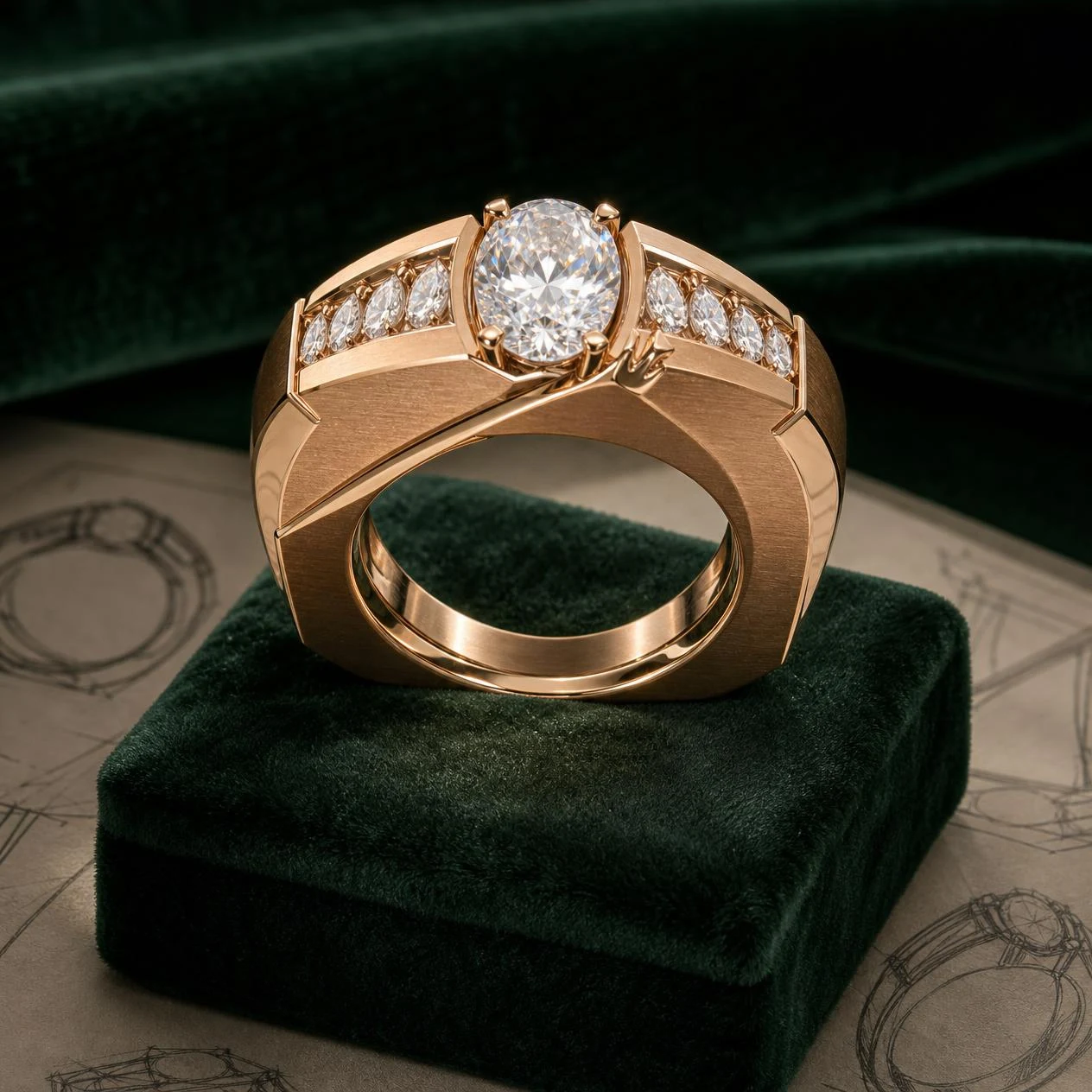 Conte Silenzioso, 3.05 ct tw oval lab grown diamond men’s ring in rose gold (front view)