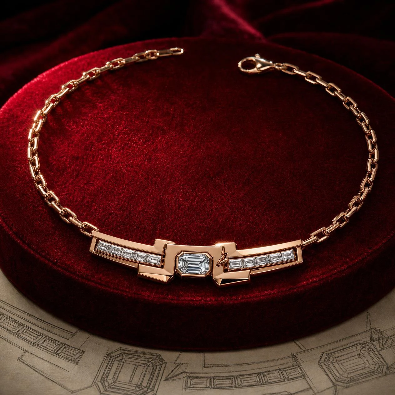 Tramonto Severo, 2.02 ct tw emerald lab grown diamond men’s necklace in rose gold (front view)