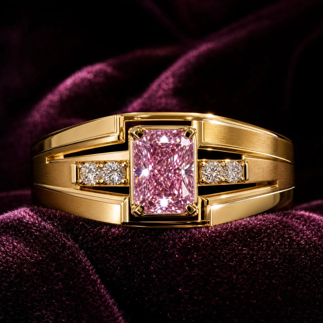 Viandante Audace, 1.71 ct tw radiant lab grown diamond men’s ring in 18K yellow gold (front view)