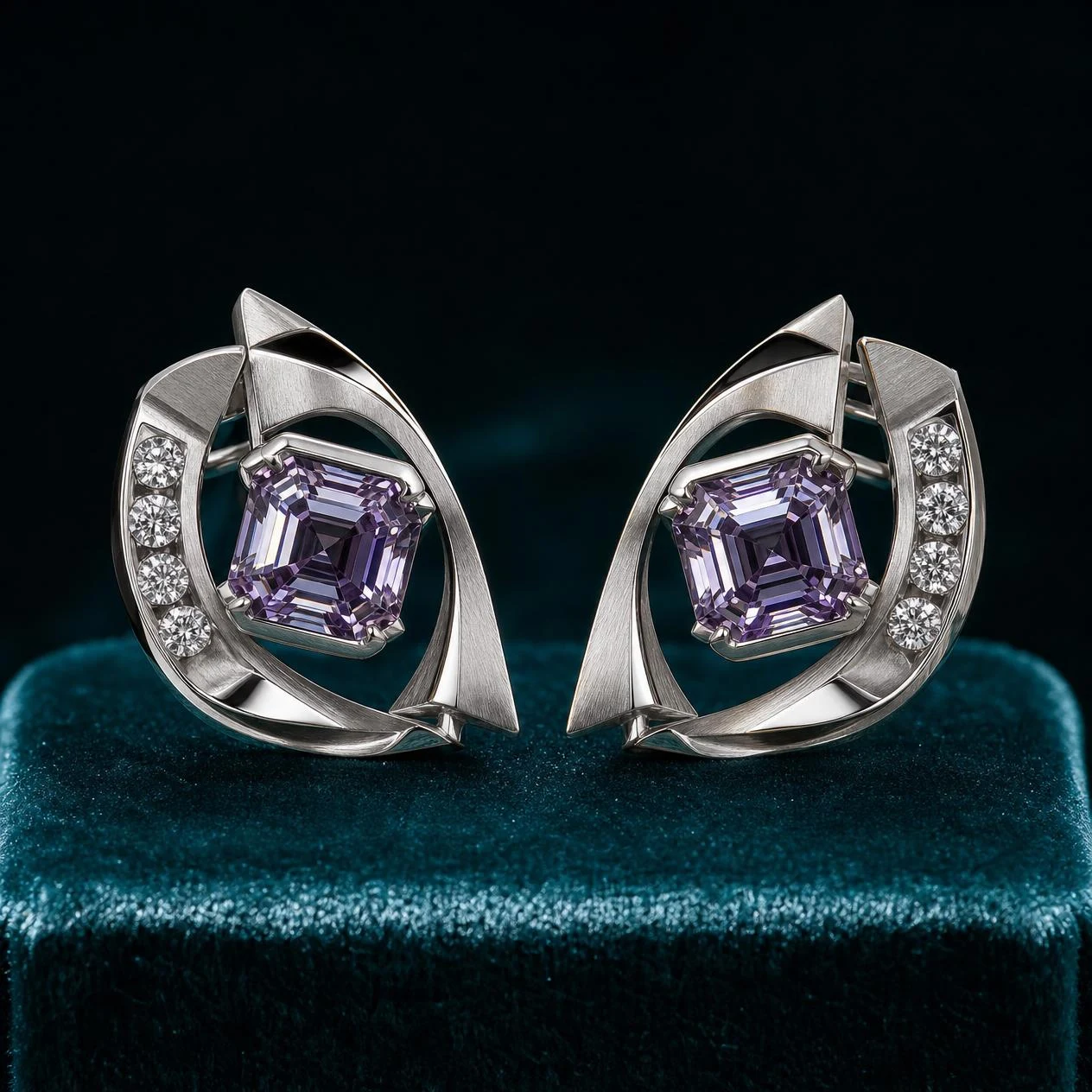 Poesia Sospesa, 4.8 ct tw asscher lab grown diamond earrings in 18K white gold (front view)