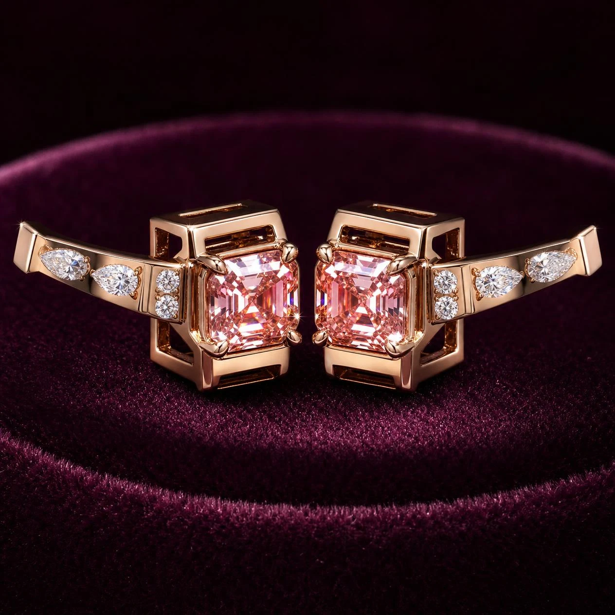 Gemma Sospesa, 4.94 ct tw asscher lab grown diamond earrings in rose gold (front view)