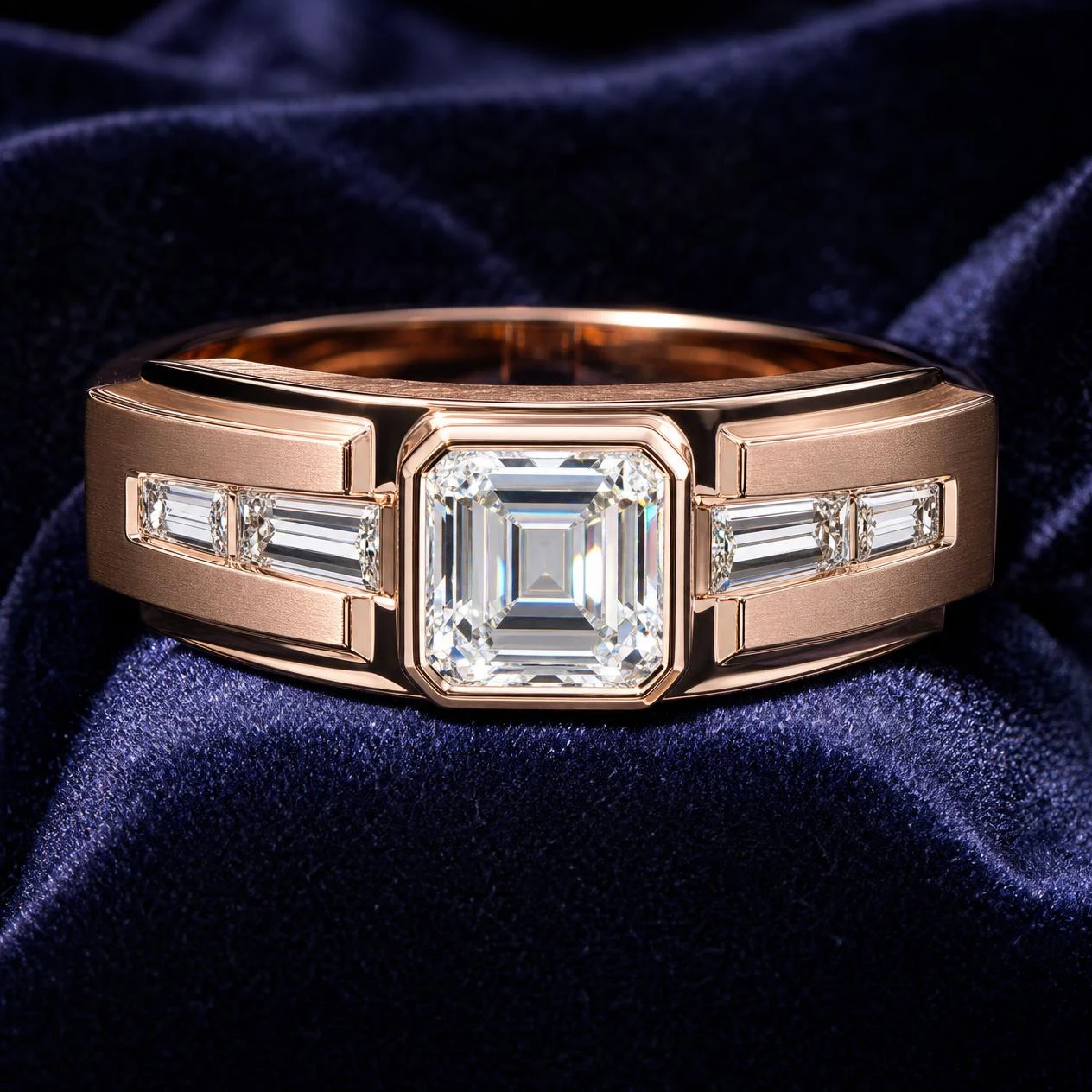 Granito Vigile, 1.68 ct tw emerald lab grown diamond men’s ring in rose gold (front view)