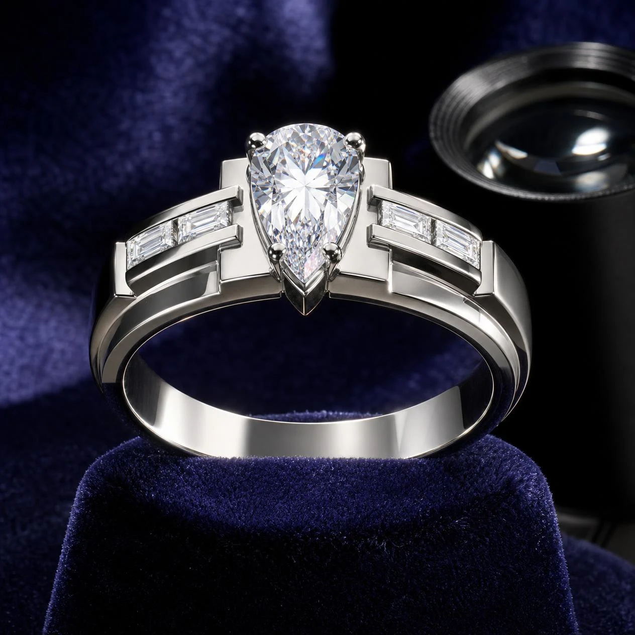 Leone di Mezzanotte, 1.38 ct tw pear lab grown diamond men’s ring in 18K white gold (front view)