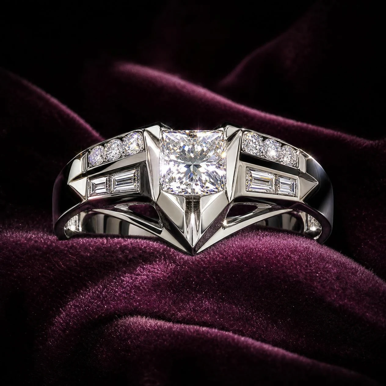 Rocca Reale, 2.52 ct tw princess lab grown diamond men’s ring in 18K white gold (front view)