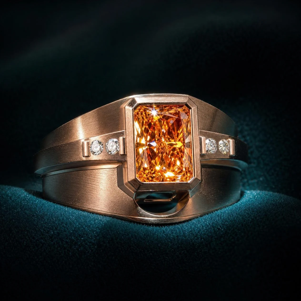 Comandante di Ferro, 2.4 ct tw radiant lab grown diamond men’s ring in rose gold (front view)