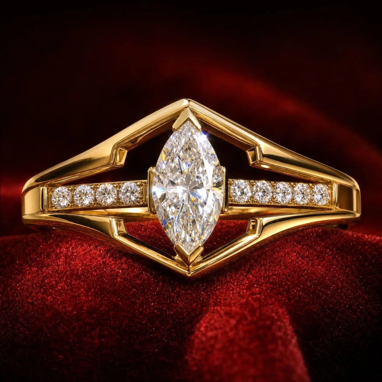 Perla Suspendue, 2.82 ct tw marquise lab grown diamond ring in 18K yellow gold (front view)