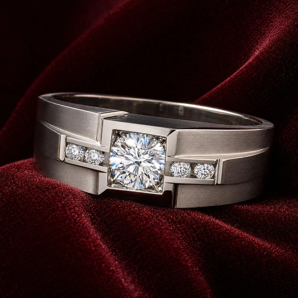 Bronzo di Genova, 1.7 ct tw round lab grown diamond men’s ring in 18K white gold (front view)