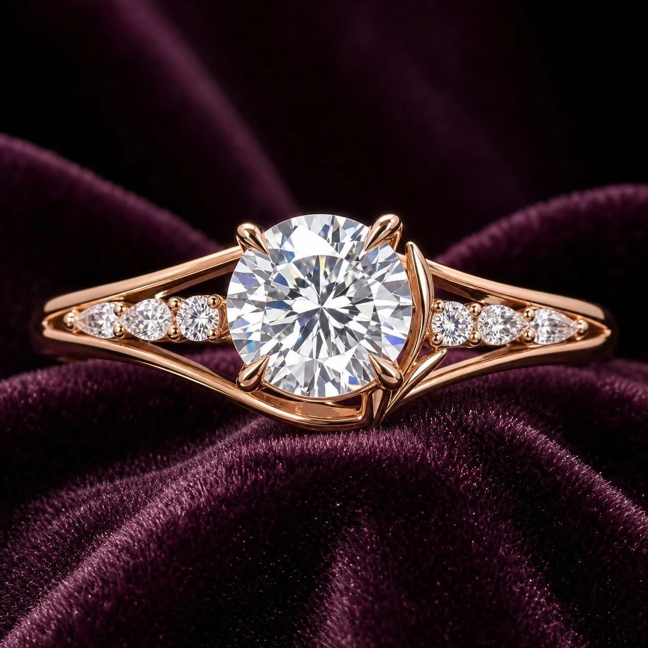 Fiore Sereine, 2.51 ct tw round lab grown diamond ring in rose gold (front view)