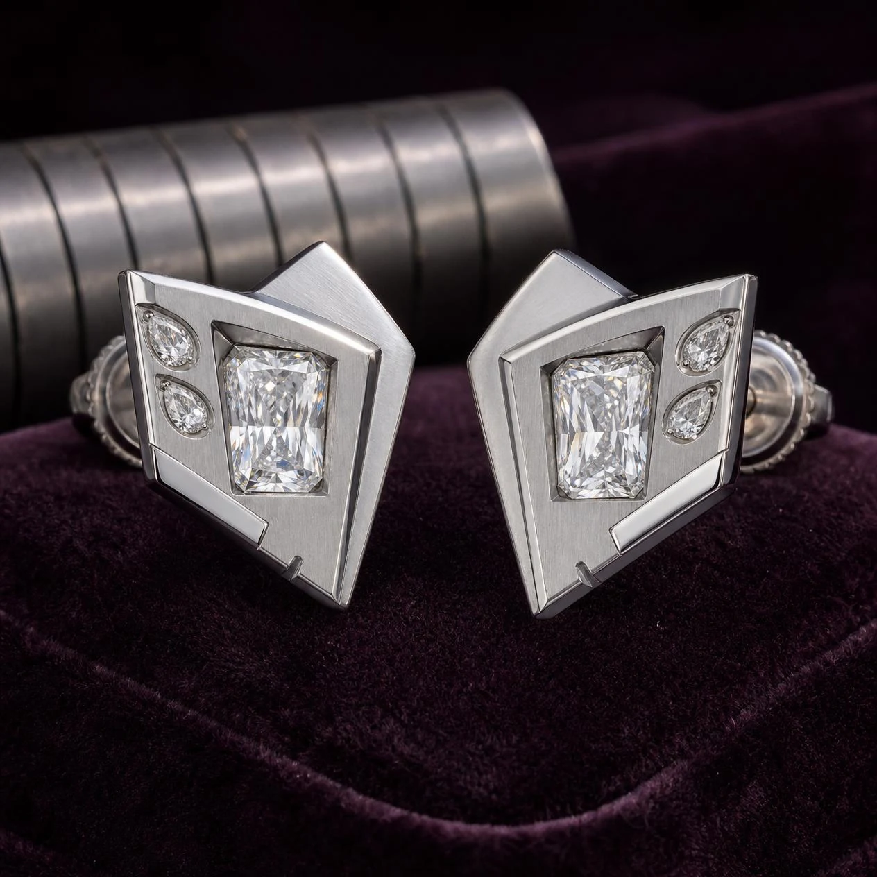 Vessillo Supremo, 4.8 ct tw radiant lab grown diamond men’s earrings in 18K white gold (front view)