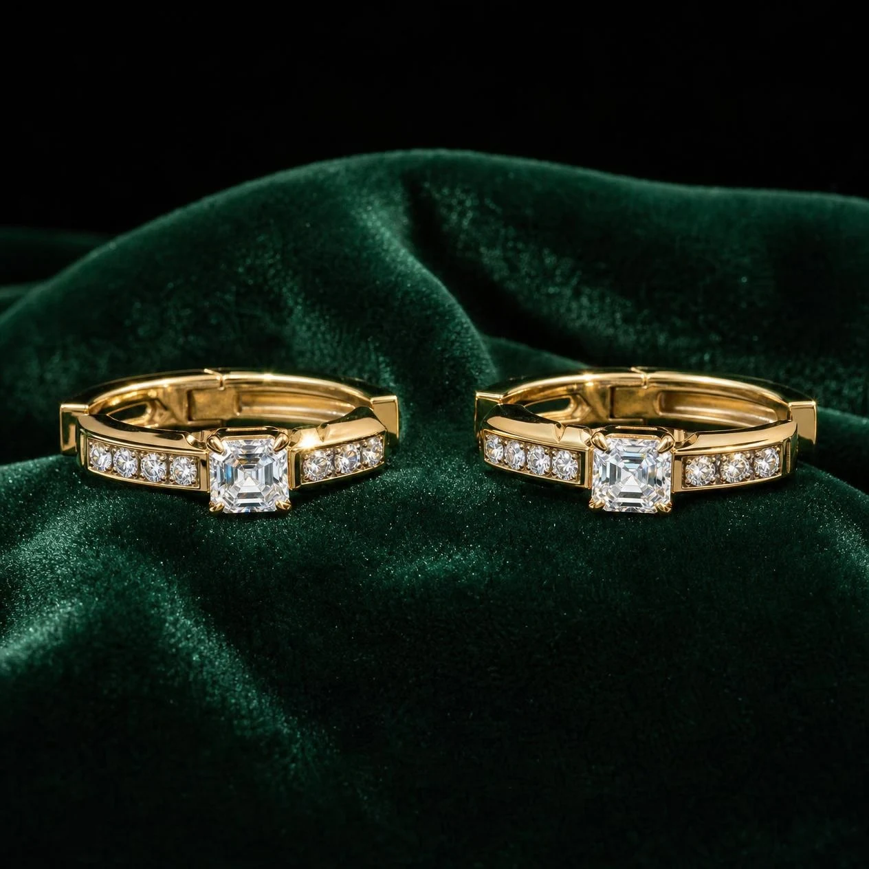 Cavaliere Nero, 3.4 ct tw asscher lab grown diamond men’s earrings in 18K yellow gold (front view)