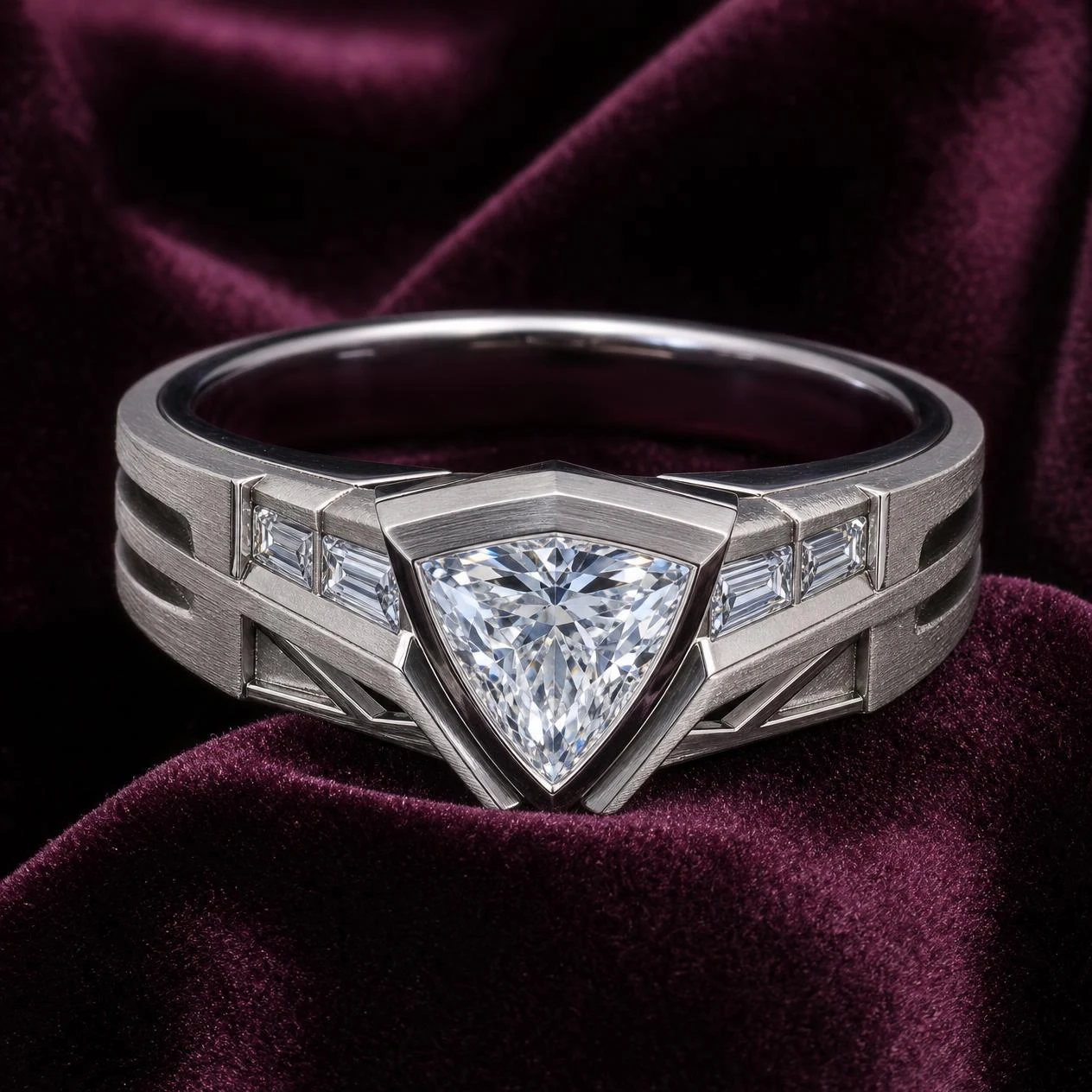 Titano di Bronzo, 2.28 ct tw trillion lab grown diamond men’s ring in 18K white gold (front view)