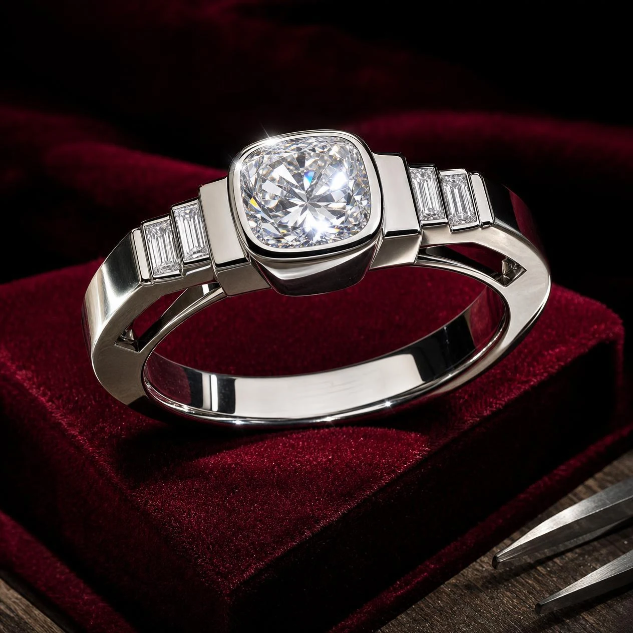 Signore Vigile, 2.58 ct tw cushion lab grown diamond men’s ring in 18K white gold (front view)