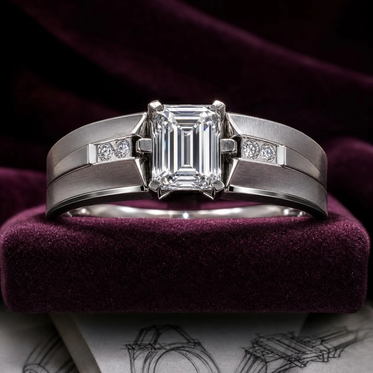 Cometa Danzante, 1.9 ct tw emerald lab grown diamond ring in 18K white gold (front view)