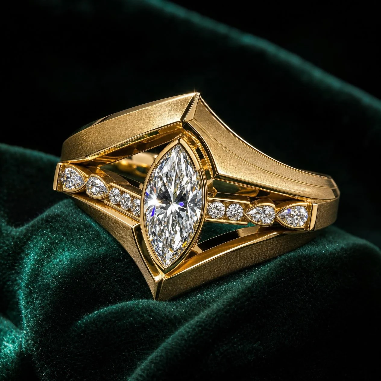 Ferro Invicto, 3.02 ct tw marquise lab grown diamond men’s ring in 18K yellow gold (front view)